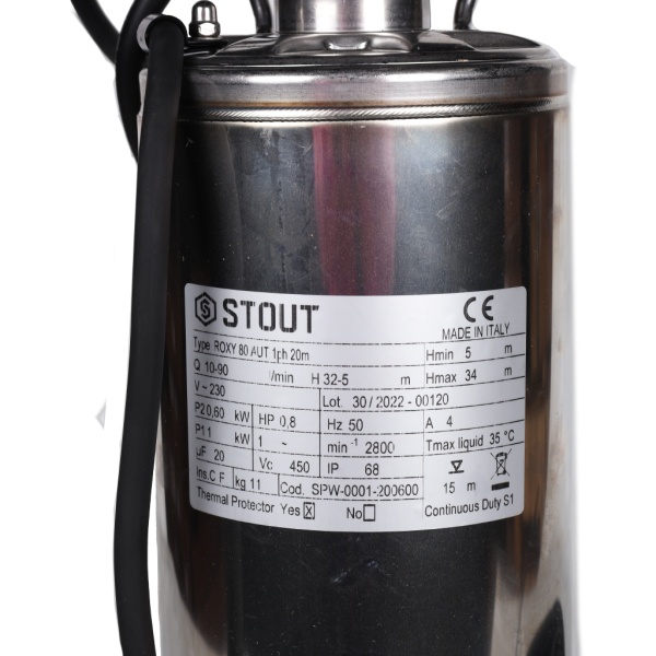 STOUT Колодезные насосы (SPW-0001-200600 STOUT Насос колодезный с поплавком, кабель 20 м, 230V, Q=90 л/мин, H=34 м)